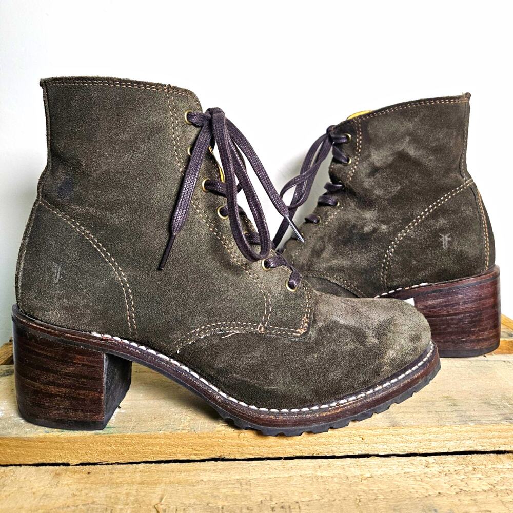 FRYE Sabrina 6G Lace Up Boots Suede Lug Sole Womens 8.5 Olive Brown Made in USA